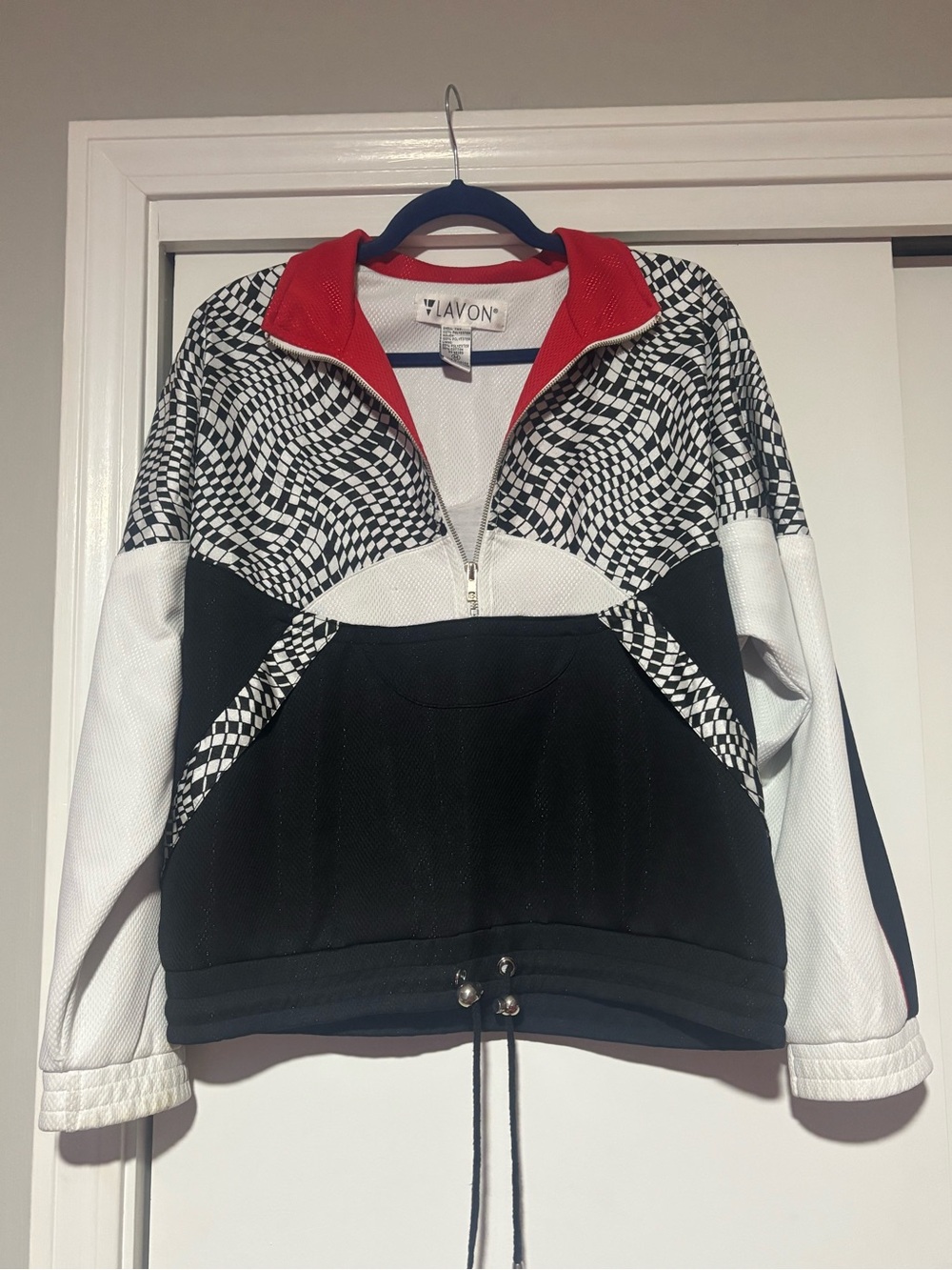 Lavon vintage Black & White Pullover Jacket with Red Trim and adjustable waist